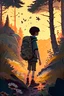 Placeholder: a boy with a camping backpack wandering in the distance through a forest with numerous and tall trees, irregular ground covered with ocasional spots of wild flowers, rocks and little animals, at sunset, lateral view