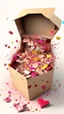 Placeholder: Open box stuffed with love letters, hearts, heart confetti, love explosion, very realistic, detailed, vibrant colors.