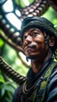 Placeholder: close up portrait of a happy blessed buffalo soldier in a space alien mega structure with stairs and bridges woven into a sacred geometry knitted tapestry hammock over an ant hill in the middle of lush magic jungle forest, bokeh like f/0.8, tilt-shift lens 8k, high detail, smooth render, down-light, unreal engine, prize winning