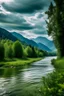 Placeholder: green trees and a river with mountains and clouds in the background