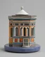 Placeholder: intricate porcelian figurine of the vacant street kiosk, circa 2000, 7cm height, solid, flat roof, one-story, one-room, silver mean composition, hyperdetailed, sophisticated, intricate details, contemporary urban art gallery, minimalism, product-focused, painted and glazed ceramics, inspired by Mark Rothko and Benetton