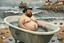 Placeholder: A fat man wearing a hat, is in a bath tub, by a light house, by andrea kowch, holding a umbrella, inspired by andrew wyeth. A rustic harbour, with ships docked is nearby. The Beach is covered with sea shells, crabs and lobsters.There are rain clouds and everything looks as if done in watercolors victo ngai, matisse, monet, catrin welz-stein, vladi