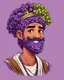 Placeholder: A -man With a very light beard.A face closest to the triangle . Grape fruit turns into a man. Purple skin and curly, purple hair made of grape balls. A Mali headband with hair on top. Villager clothing. Merchant clothing. Plain clothes in earthy colours.Simple cartoon drawing..Cheerful and imprudent features, a worried look, and a foolish laugh.The complexion of the skin is light violet