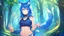 Placeholder: Girl look like wolf, wolf paws on hand , animal paws, wolf ears, wolf tail,blue hair, open navel, one house, forest, collar on neck.