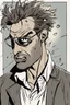 Placeholder: sarcastic deranged man with messy hair and stubble comic book style