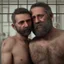 Placeholder: extreme close up photo of two italian prisoners in tank top 40 years old kissing in prison behind bars, chubby, dirty, ugly, bullneck, muscular, short beard, long hairs, manly chest, misery and poverty, emotive eyes, photo 35mm lens, side view, photorealistic, ultradetailed