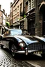 Placeholder: An elegant (((vintage English sports car))), with a sleek contour and luxurious details, poised confidently against a backdrop of a (charmingly quaint cobblestone street)