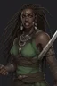 Placeholder: dungeons and dragons character portrait of a beast human female warrior with black skin, dreadlocks, thick eyebrows, big fangs and green eyes.