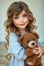 Placeholder: hiper realistic 4-5 year old cute beauty girl With beach wavy dimensional melange hair. With deep real smiling green eyes and brow long hair. Holding a big brown bear-toy. Near her to stay very cutte puppy