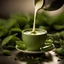 Placeholder: beautiful green tea leaves fallen into the creamy texture of a splash of milk