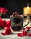 Placeholder: . coffee cup covered with black agate and ruby ​​in the form of cherries, as realistic as possible, 5D, photorealistic,under the inscription the text 'Dewi Cinta' in detail emboss cursive letters, near red roses, ultra dark background HD 64k studio hyperrealism lightning light reflection