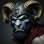 Placeholder: Photorealistic character portrait: fierce barbarian with grey skin, pink nose, wearing a helmet with large, curling, BLACK ram's horns
