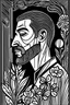 Placeholder: a black and white drawing of a man with a short beard smelling flowers, a cubist painting, cubism, angular, picasso, shading