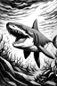 Placeholder: In an art naive style but realistic painterly black and white ink creation do me a shark