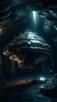 Placeholder: A small strange spaceship in side Si-Fi, The cave of Batman atmospheric lighting effects, intricate industrial details, moody atmosphere, eerie grimdark ambiance, complex motherboard accents, speculative fiction art. Bokeh
