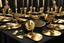 Placeholder: Close-up of a table with black velvet tablecloth with many Grammy Awards lined up side-by-side in perfect order, dramatic natural lighting, 3d Octane Render, photorealistic, hyperdetailed, shiny polished gold.