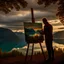 Placeholder: Long shot of an 18th century painter painting on an easel in nature taken from behind, in the background of a fjord in Norway with turquoise water, forested mountains reflected in the fjord, cloudy sky, sunset time, hyperrealistic shot, wide lens, 24K