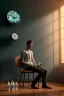 Placeholder: A young man sitting on a chair giving himself an injection, medicines and drugs on the table next to him, a clock on the wall, 8k, finely detailed, photo realistic.