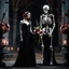 Placeholder: woman in a long dress standing next to a skeleton holding a bouquet of flowers, gothic setting, dark fantasy, photorealistic. 4k