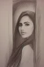 Placeholder: Pencil sketch of Young woman look through the window , Arab features,sad, long wavy hair, full body، on lined paper