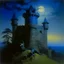 Placeholder: A dark blue castle with a dragon guarding it painted by Birge Harrison