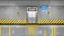 Placeholder: wall design for parking garage, concrete, yellow marking lines, hazard lines, weathering and water stains, realistic elevator doors in middle. a sign is above the elevator doors. rough painted hashmarks and parking lines