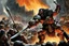 Placeholder: (photo of a movie by Ray Harryhausen) Heavy metal fantasy illustration. Epic dynamic spread, graphic novel style (like Frank Frazetta/Métal Hurlant). Subject: Chaotic battle scene during Dwarven defense against Orcs on the fortified wall. Foreground: Gritty, muscle-bound Dwarven warrior with flame-beard swinging an axe into an Orc helm, intense rage expression. Midground: Phalanx of armored Dwarves defending battlements, dropping stones and tar. Background: Endless tide of attacking Orcs with sc