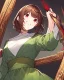 Placeholder: A character with short brown hair, red eyes who wears a green blouse open with its hood, below the blouse a white shirt, holds a bright red knife, smiles madly, dark background Very dark and HQ art and painting style.