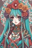 Placeholder: ultra detailed, cel shading, line art, Hatsune Miku, (dia de muertos makeup), traditional Mexican clothing, close up portrait, 32k, art by Calua98, detailed colors, digital art, high resolution,