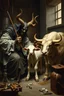Placeholder: Lord Satan kidnapping young holy calf while medicating holy old cow, inside science factory, painted by Rembrandt