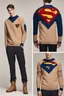 Placeholder: a men winter fashion runway Superman with industrial clothes inspired by Superman Emblem style, embroidery sweaters fashion beige tones