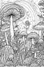 Placeholder: STRESS RELIEF themed coloring page for adult, cartoon style, thick outline, low details, no shading, no color, A delicate pattern of softly glowing mushrooms in a moonlit meadow