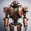 Placeholder: trash mech suit, human-sized, made of scrap metal, cockpit in chest cavity, light rust, round, loose wires, escape hatch