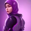 Placeholder: Cute girl face in hijab, Sci-fi character, purple backlight, pink and purple, scifi suit, profile, purple background, pink lighting