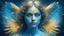 Placeholder: beautiful sad woman angel, double exposure in fantasy style, blue, gold, sparkles, fine rendering, bright colors, photorealism, 3D, with acrylic elements