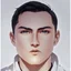 Placeholder: mysterious youthful Russan male, man, dark and intriguing, confident, intense, handsome, anime style, retroanime style, dark black very short hairs, white shirt, white paint background, white man, The head looks straight ahead