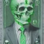 Placeholder: a head and shoulders portrait of a skeleton dressed in a three-piece suit as the president of the united states, based on us currency, united states one dollar bill, shades of green, line ink green drawing, real-life, colors match the united states one dollar bill, realistic, robotic,