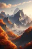 Placeholder: Create a color picture of a giant mountain in China with white embellishments and the sky, there should be more distance between the sky and the mountain, very three-dimensional, no buildings Very detailed Extremely delicate and beautiful Depth of field Very high resolution Wallpaper Photo realistic Landscape Mountain On the mountain Golden Hour Lighting Daytime Autumn Autumn Leaves Dusk