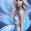 Placeholder:  beautiful, soft, smiling, long and straight blonde hair, bluish background, fairy wings on the back