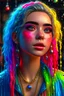 Placeholder: beauty teenager girl, octane render, HDR, beautiful girl, ultra detailed eyes, mature, plump, thick, Opal drops, paint teardrops, woman Made up from paint, entitely paint, splash, long colored hair, blouse made from paint, ultra detailed texture, blouse, oplaescent paint blouse, paint bulb, water drops, (hair ornaments, earrings, flowers, hair ornaments, dragonfly hair ornaments), outdoors, jasmine trees, vivid colors, sitting, bangs pinned back, 8K