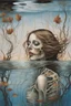 Placeholder: surrealistic painting depicts a woman submerged in water, with only her face visible above the surface. Her hair is dark brown with blonde highlights, and her eyes are a warm brown. Below the waterline, her torso is replaced by a skeletal ribcage entwined with translucent, organic root-like structures and dried leaves, revealing the internal decay beneath the skin. The upper part of the painting features a dilapidated, light-colored building with multiple levels and a dome, seemingly floating on