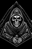 Placeholder: ed roth skeleton in a black hooded cloak drawn in a retro mascot style, inside a light diamond shape on a black background, monochromatic