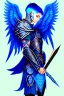 Placeholder: a person in runic armor with blue wings, blue short hair, runic tattoo and spell book