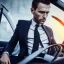 Placeholder: Man in suit, sitting at the wheel of his car, looking exhausted, tie untied, chin thinning