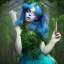 Placeholder: beautiful, girl, magical, blue eyes, short metalliv green hair, dressed with ivy, windy, mushroom forest, like alice in wonderland, rendering, high definition, 4k