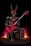 Placeholder: A robot, like a Terminator, with a red punk crest playing bass, black background, flames all around him.