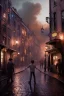 Placeholder: photorealistic painting of young boy fighting old boy, industrial era, night time, people in background, diagon alley, glowing lights, reflections on ground, spots of fire