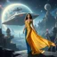 Placeholder: A breathtaking cosmic fantasy scene featuring a stunningly realistic beautiful woman with a perfect face and sculpted figure standing gracefully on an open stage of a floating CIFI town with Space craft landed over it. Surrounding her are CIFI buildings in deep space. She wears an elegant flowing gown in vibrant gold and blue hues that billow around her perfect form.