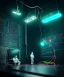 Placeholder: Ultra realistic photographic night portrait, cinematic, <big cyber eye><Asian woman> ::<Asian doctor man><hanging wires> <retro computer screen> many wires coming out of the head <perfect pupil> <cyborg arm> <garage> <wide angle Shot> <sci-fi futuristic> <thriller>, neon lights, color fog, soft color, highly detailed, unreal engine 5, ray tracing, RTX, lumen lighting, ultra detail, volumetric lighting, high definition.