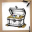 Placeholder: Make black and white cute drawing of a Treasure Chest with black bold lines. Only outline, no grayscale. A wooden chest with ornate metal fittings, overflowing with gold coins, sparkling jewels, and magical items like scrolls or glowing potions. Add a faint magical glow emanating from the chest.